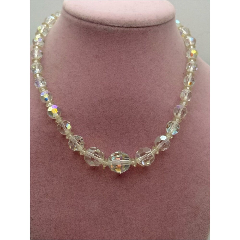 Vintage Iridescent Crystal Aura Borealis Bead Necklace - Clear